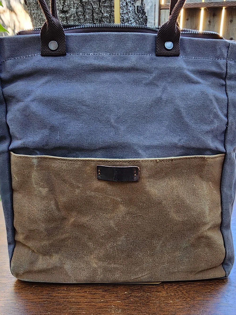 Vintage Waxed Canvas Tote Bag Two Tone Grey Brown Utility Work Shoulder Handbag